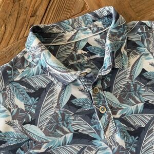 Tommy Bahama Mens XL Blue Tropical Palm Leaf Supima Cotton Blend Polo Shirt